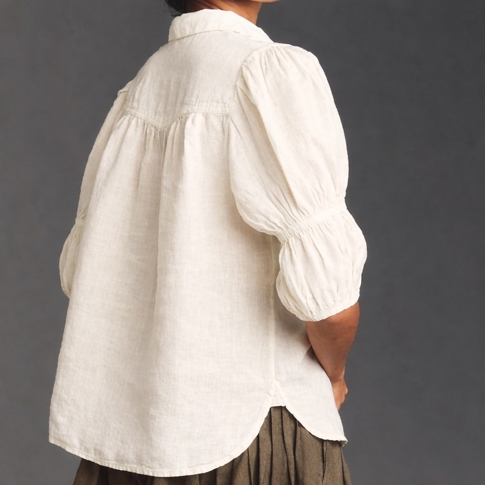 100 Linen Anthropologie Tallulah Puff Sleeve Buttondown Top Pilcro Cream Small